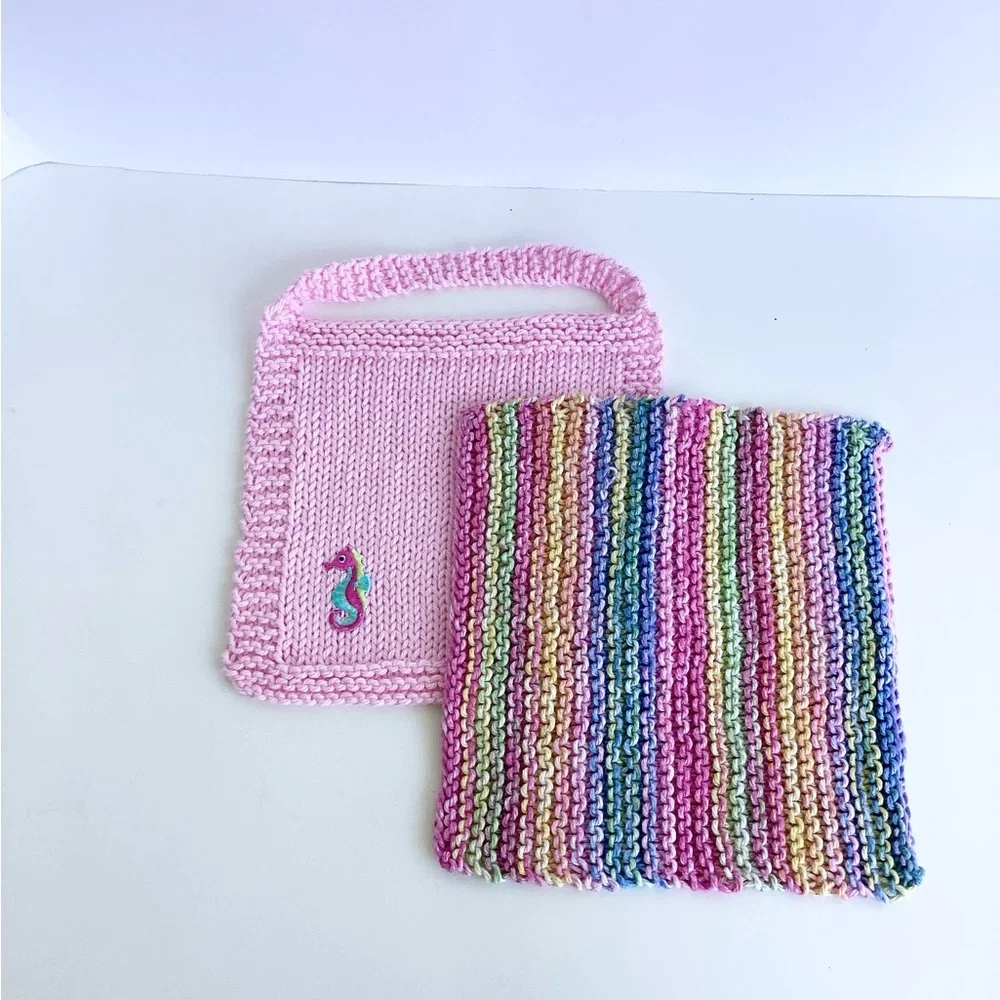 Baby Bib Set Hand Crafted Pink Knit Cotton Seahorse Colorful
